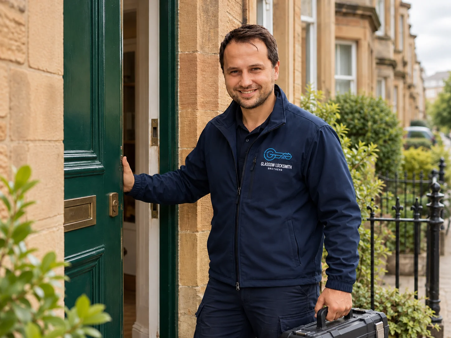 Glasgow Locksmith Brothers locksmith at a green front door with a tool case