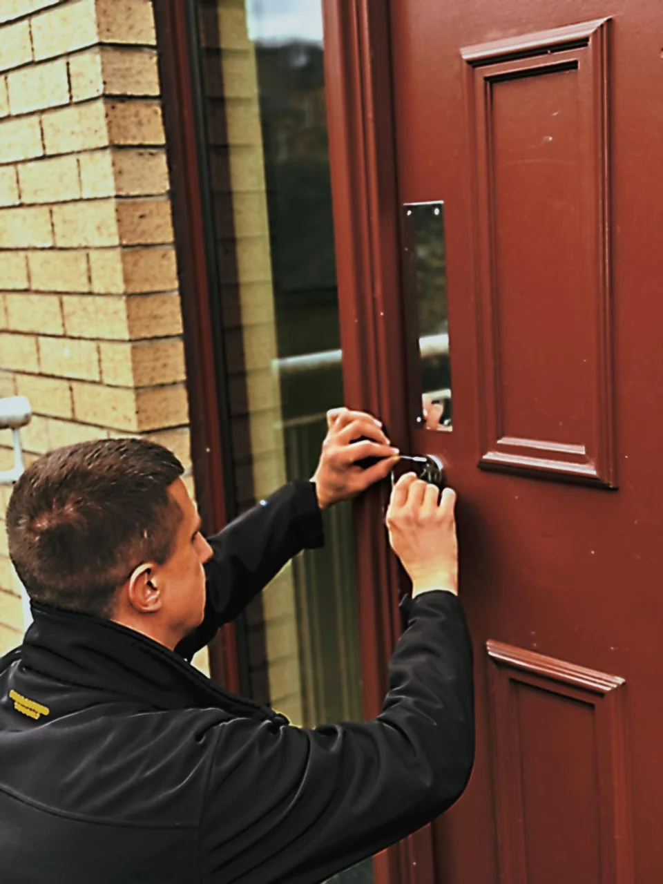 A locksmith picking the lock of a red front door